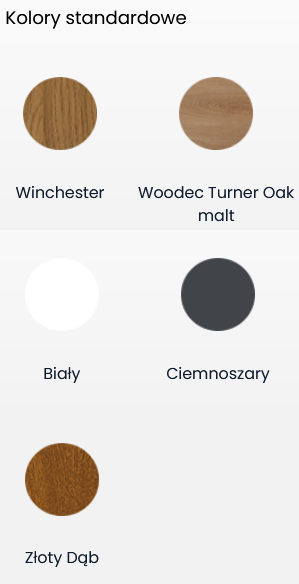 Próbnik kolorów standardowych profilu okiennego V74: Winchester, Woodec Turner Oak Malt, Biały, Ciemnoszary, Złoty Dąb.
